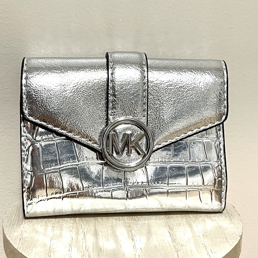 Michael Kors : Silver Metallic Crocodile Embossed Tri-Fold Envelope Wallet | NWT